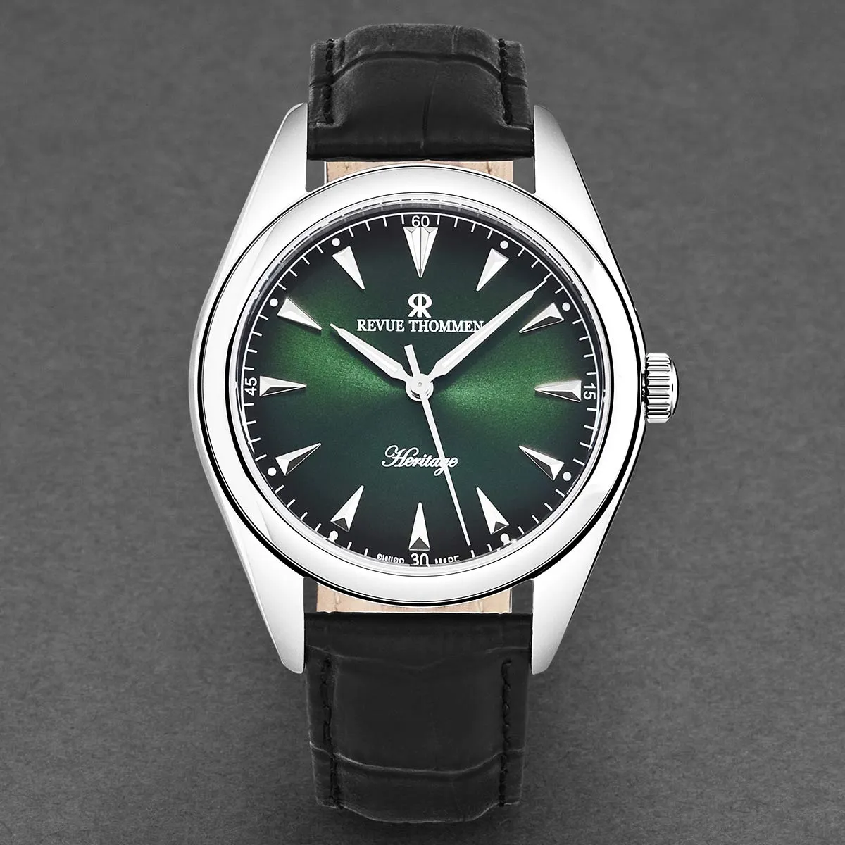 Revue Thommen Men's 'Heritage' Green Dial Black Leather Strap Automatic Watch 21010.2534