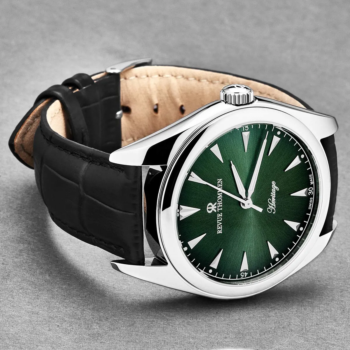 Revue Thommen Men's 'Heritage' Green Dial Black Leather Strap Automatic Watch 21010.2534