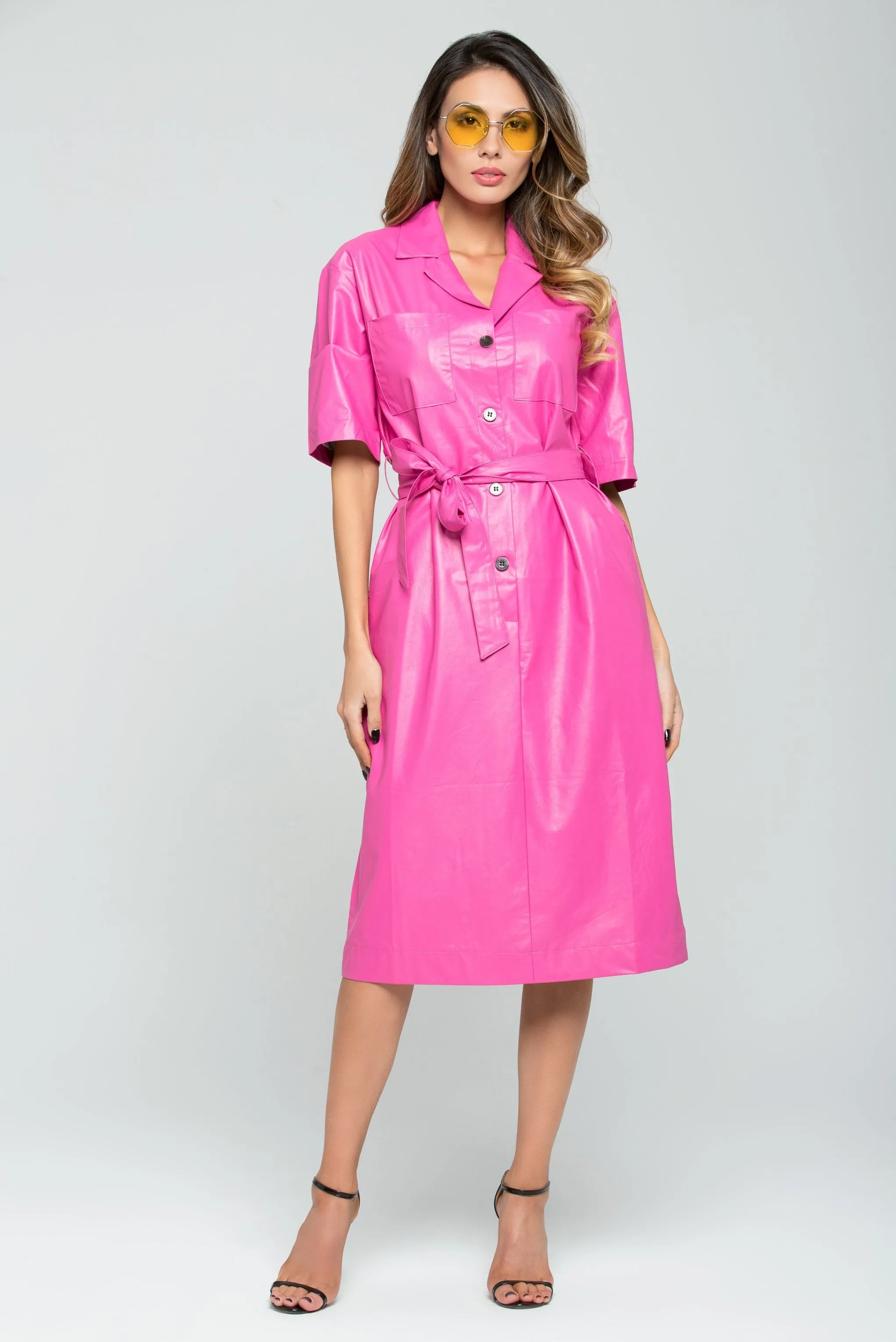 Rouge Pink Button-up Midi Shirt Dress