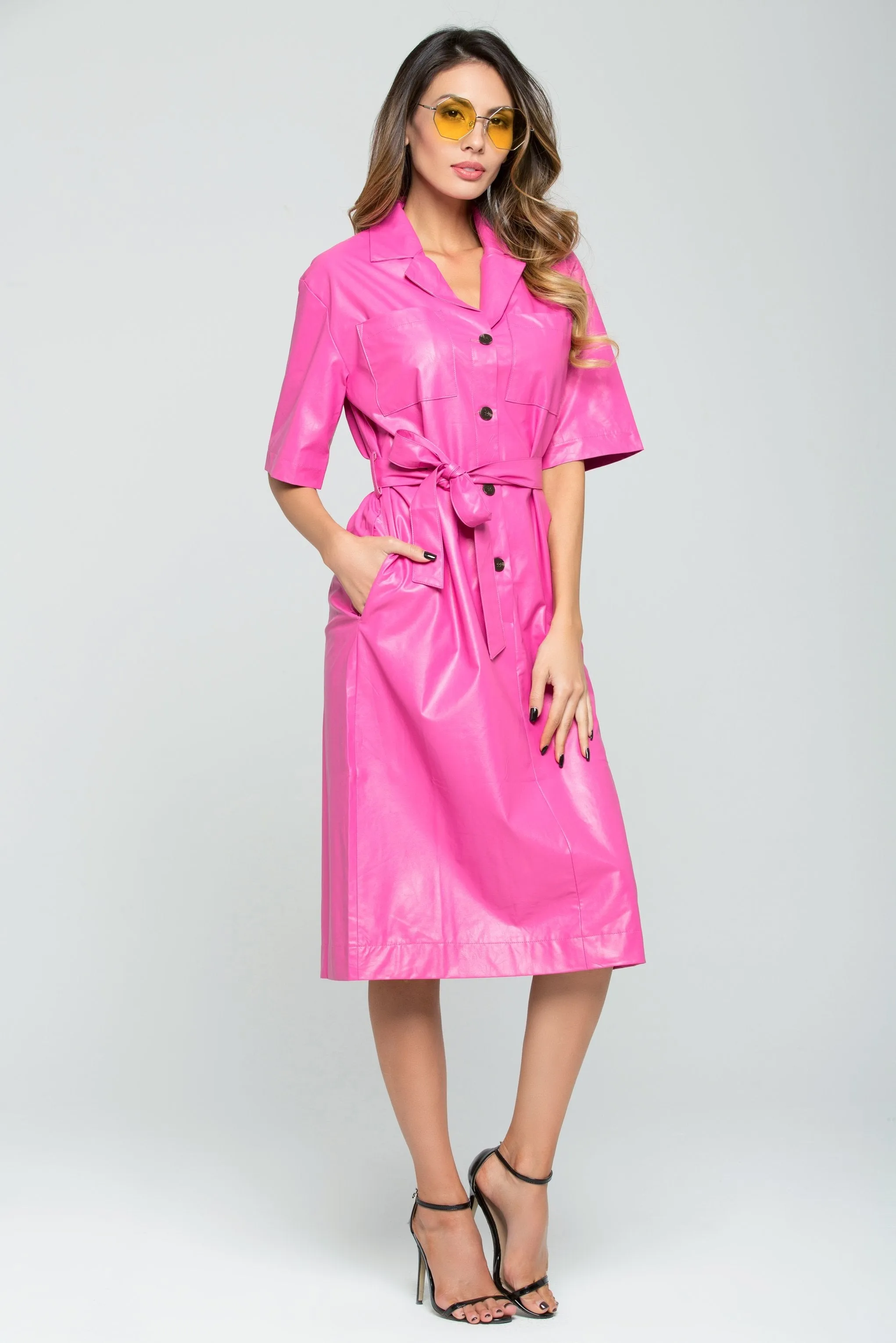 Rouge Pink Button-up Midi Shirt Dress