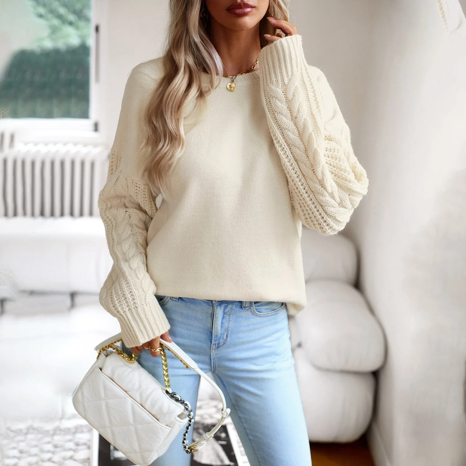 Round Neck Sweater Women's Autumn/Winter Long sleeved Knitted Shirt Top