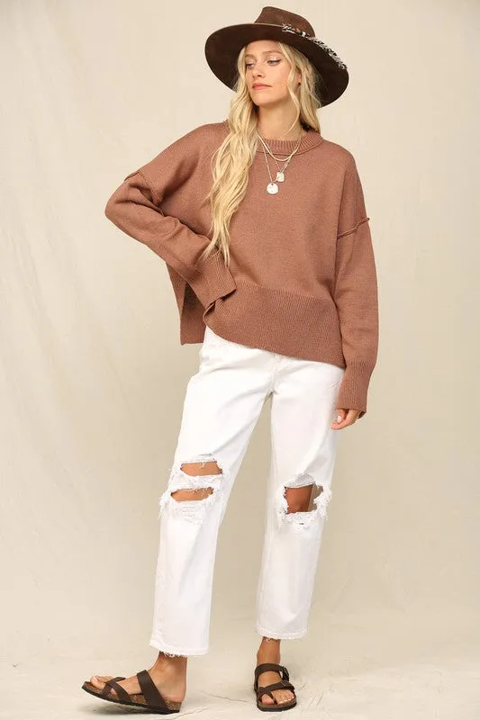 Rustic Clay Notch Hem Crop Sweater