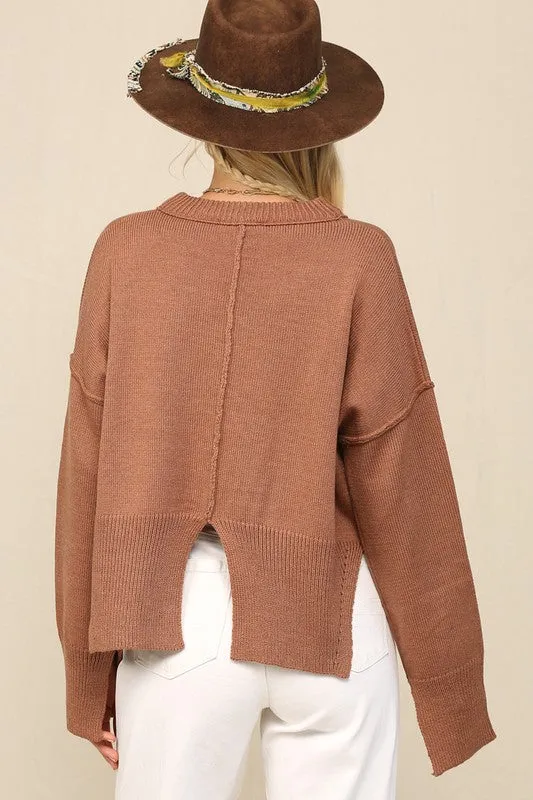 Rustic Clay Notch Hem Crop Sweater