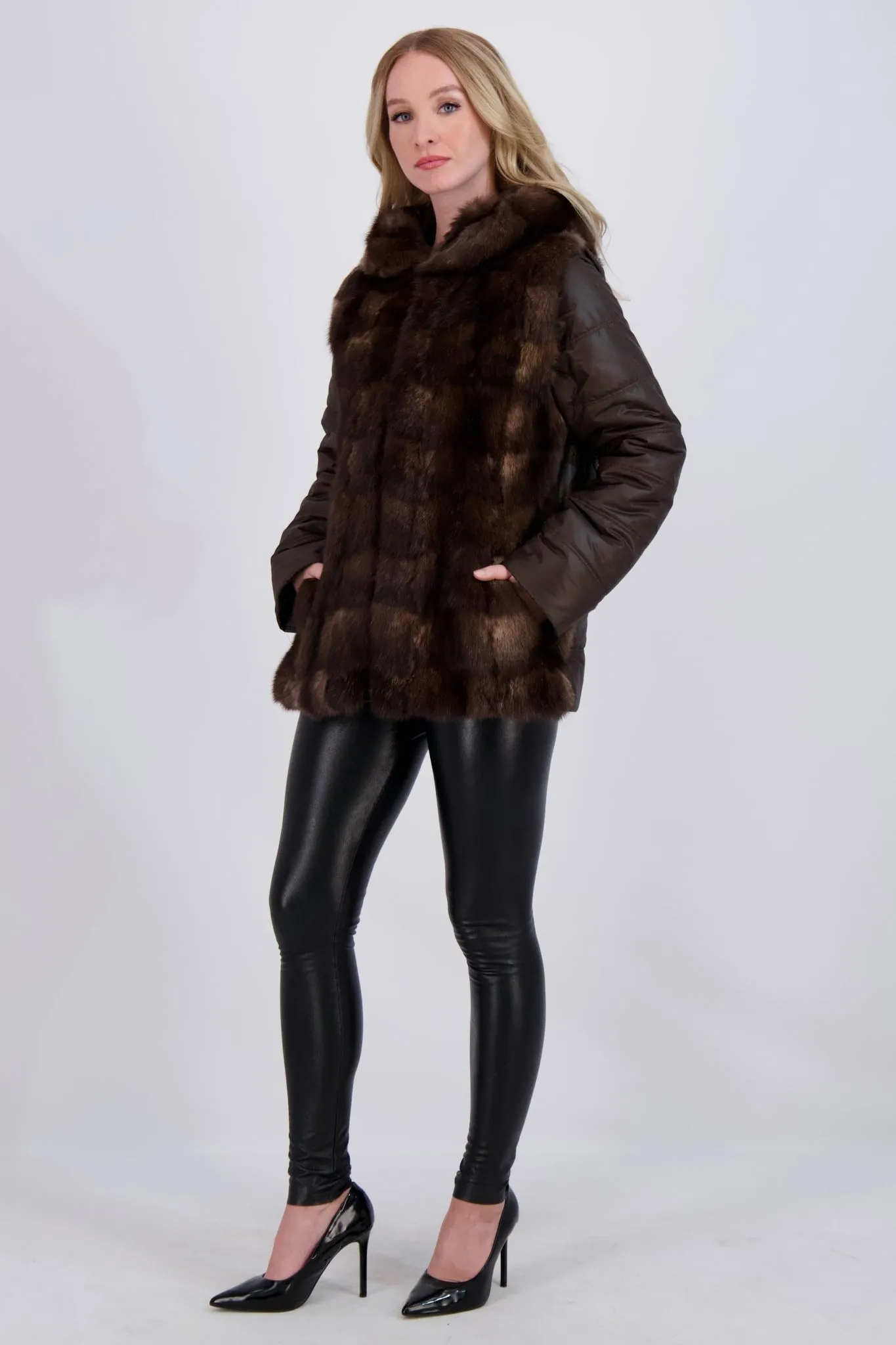 SABLE QUILTED JACKET W/ HOOD & DETACHABLE SLEEVES