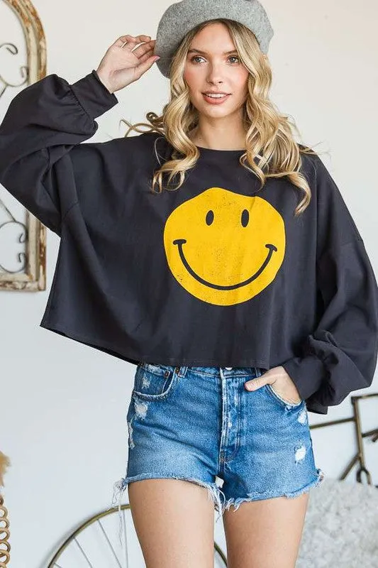 SMILEY FACE LONG SLEEVE CROP TOP - Online exclusive