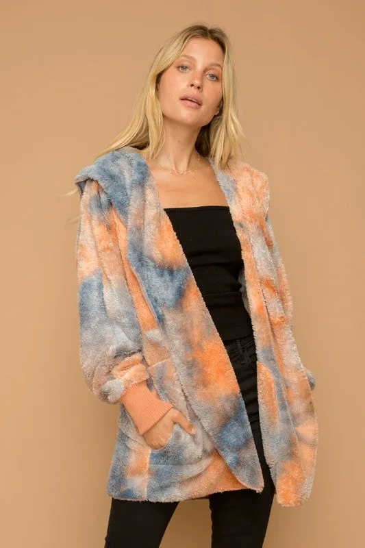 SOFT AND COZY TIE DYE FUR OPEN JACKET - ORANGE/BLUE