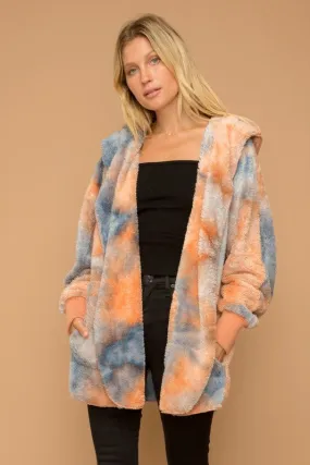 SOFT AND COZY TIE DYE FUR OPEN JACKET - ORANGE/BLUE