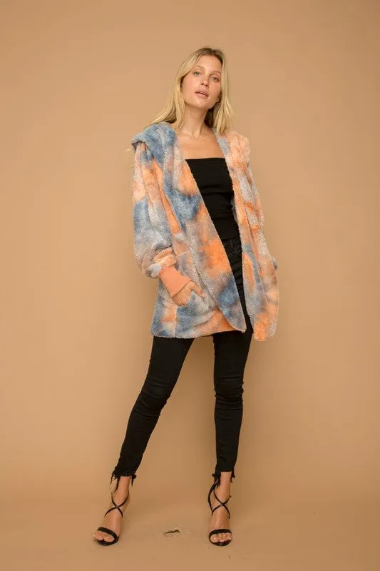 SOFT AND COZY TIE DYE FUR OPEN JACKET - ORANGE/BLUE