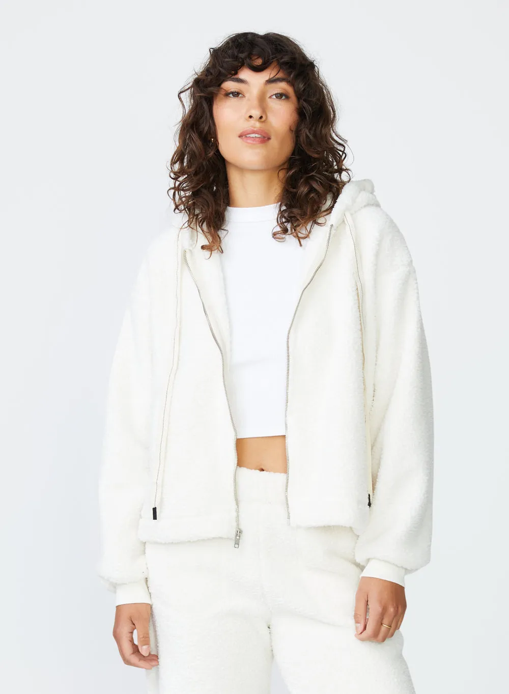 Stateside Double Face Sherpa Hooded Zip Jacket in Cream