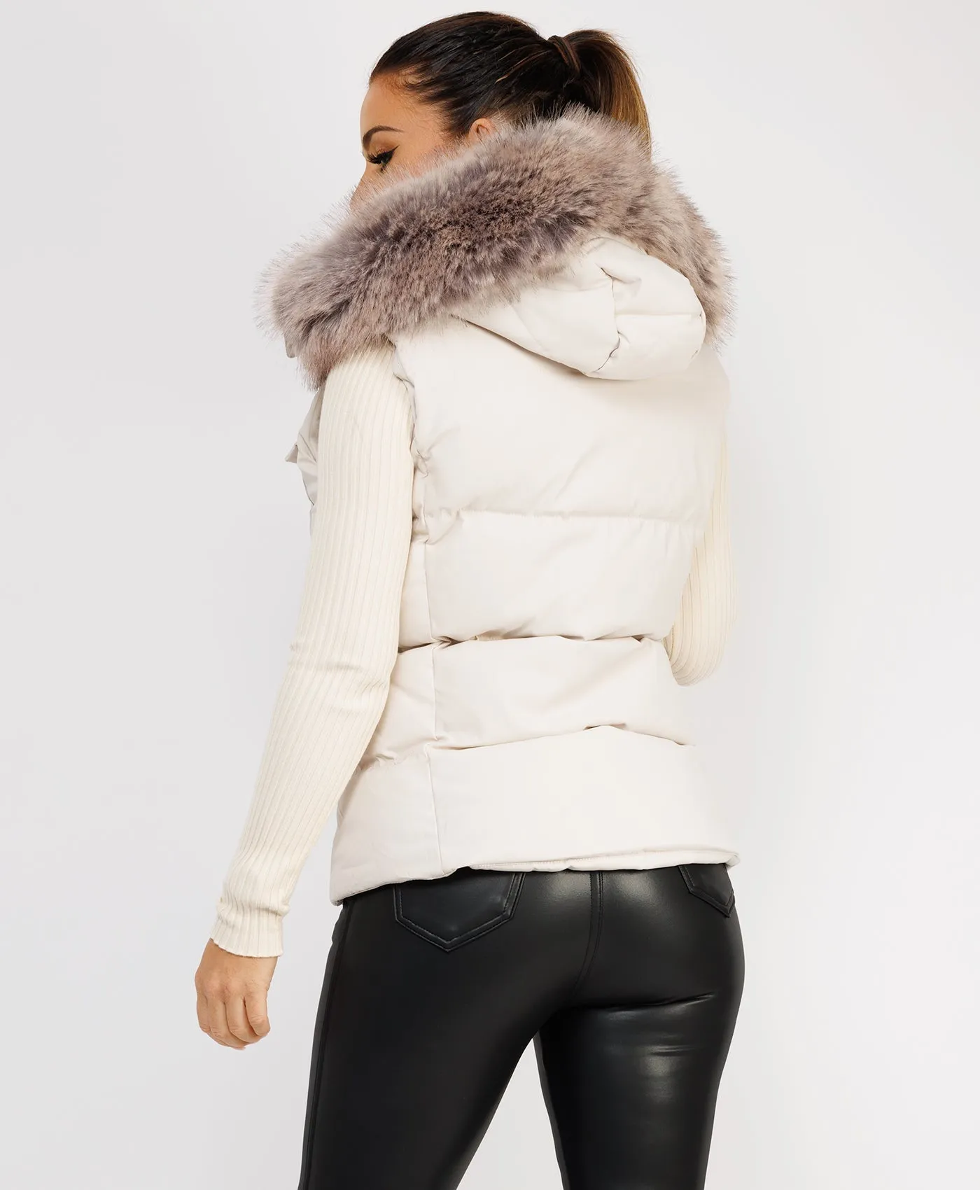 Stone Fluffy Faux Fur Trim Hood Puffer Gilet Vest