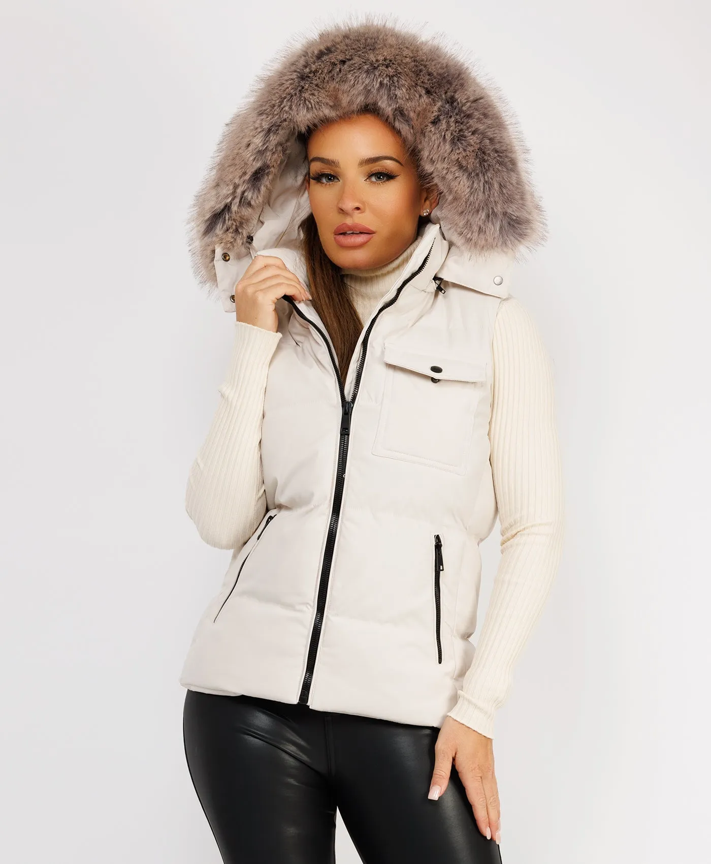 Stone Fluffy Faux Fur Trim Hood Puffer Gilet Vest