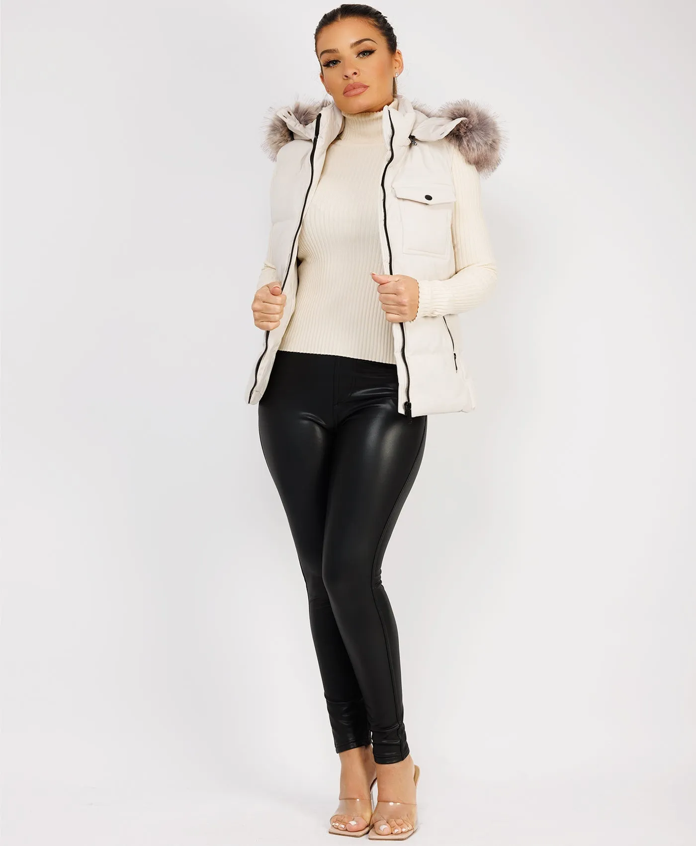 Stone Fluffy Faux Fur Trim Hood Puffer Gilet Vest