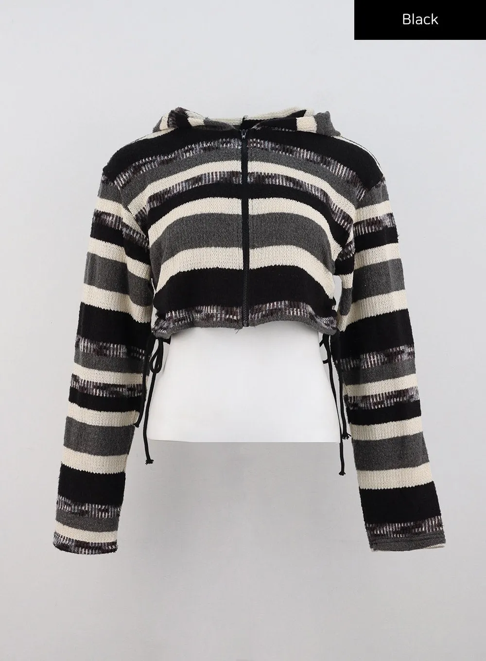 Striped Shirring Hooded Crop Sweater CD301