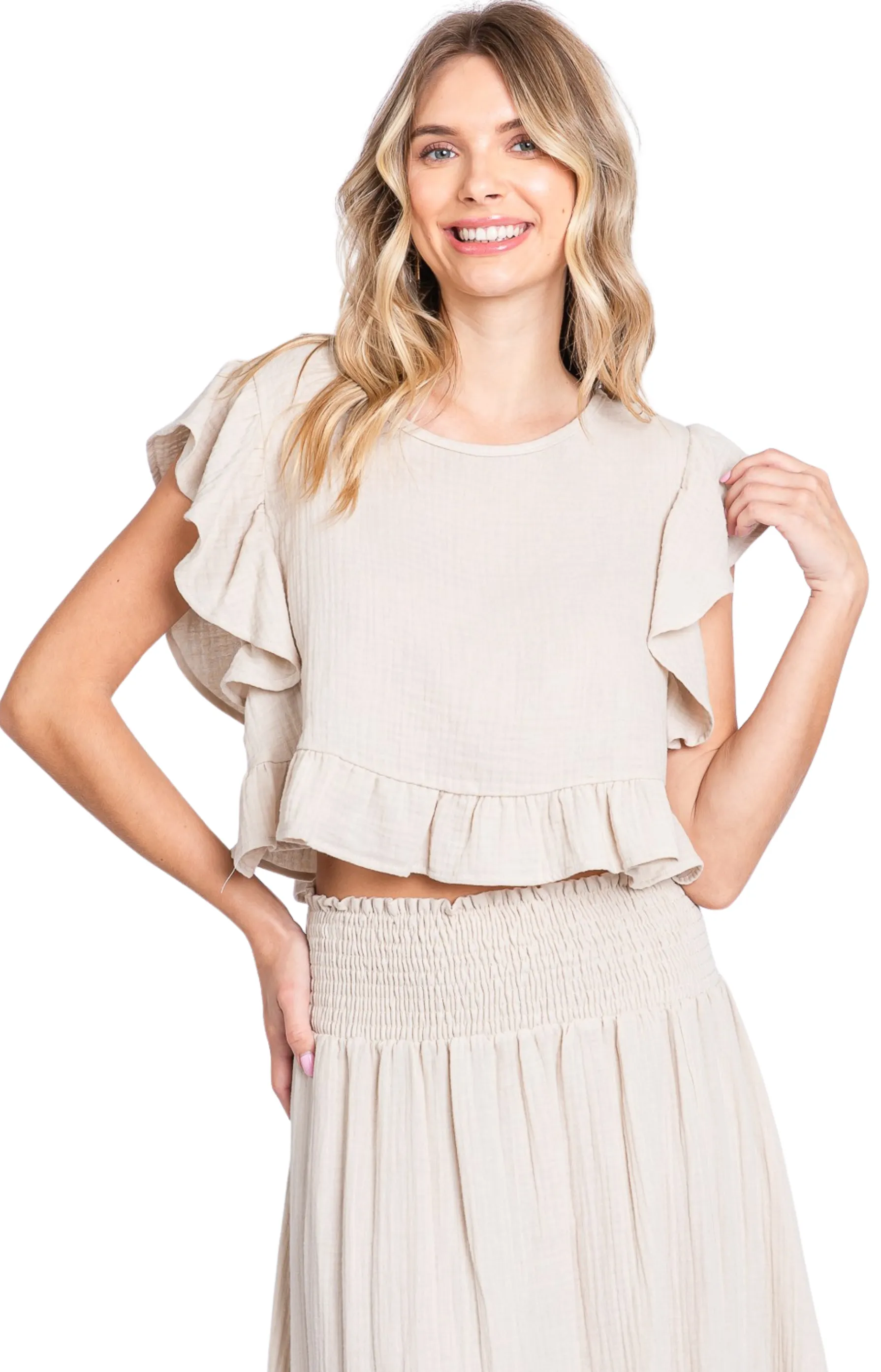 Tan Linen Butterfly Sleeve Crop Top