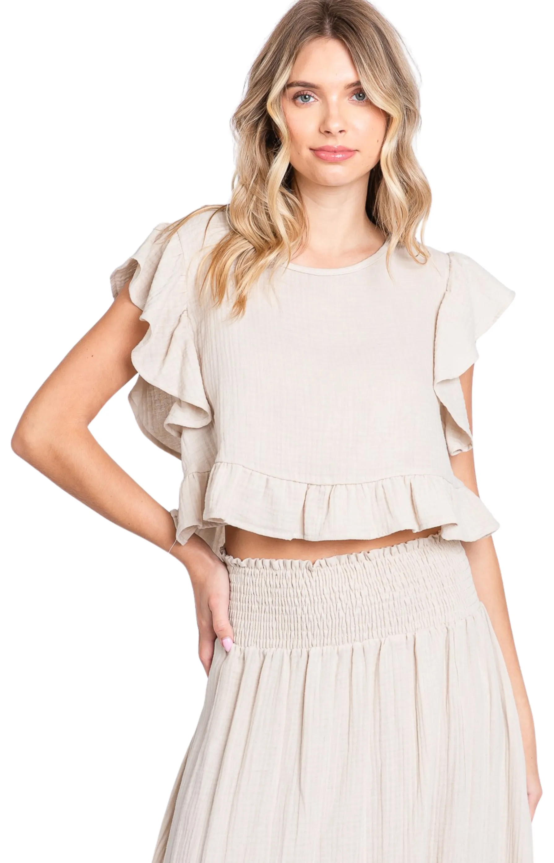 Tan Linen Butterfly Sleeve Crop Top