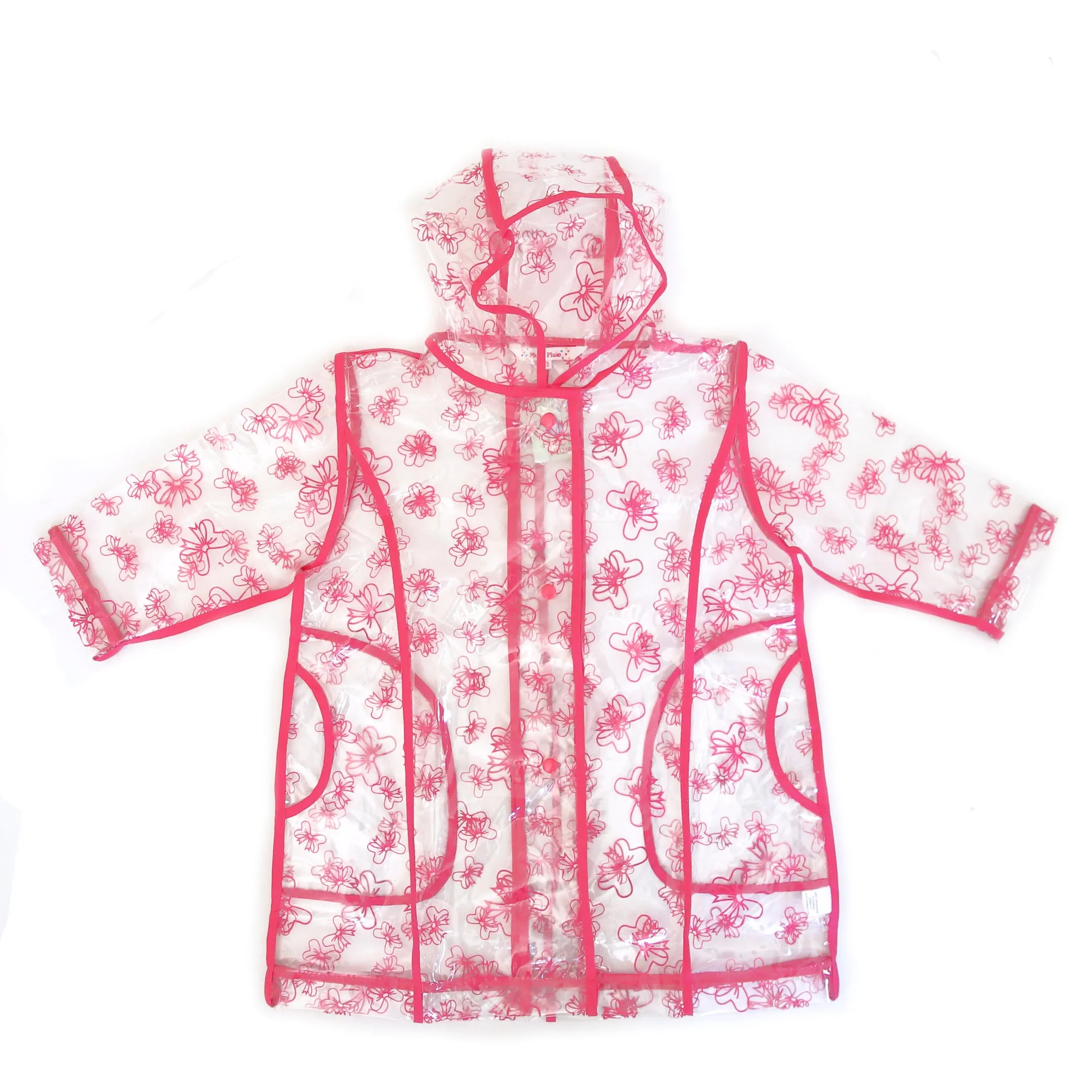 Transparent Raincoat with Fuchsia Trim and Bow Print