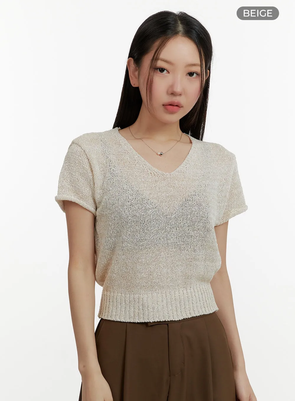 V-Neck Short Sleeve Knit Crop Top OY413