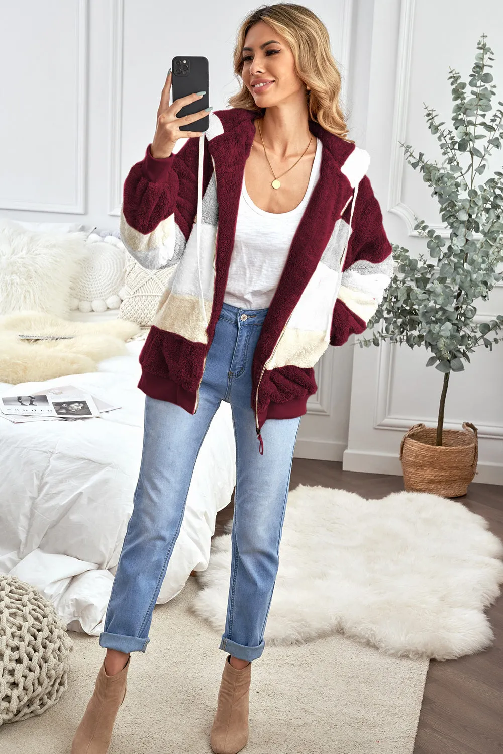 Wine Red Colorblock Zip Up Oversized Sherpa Jacket With Hood