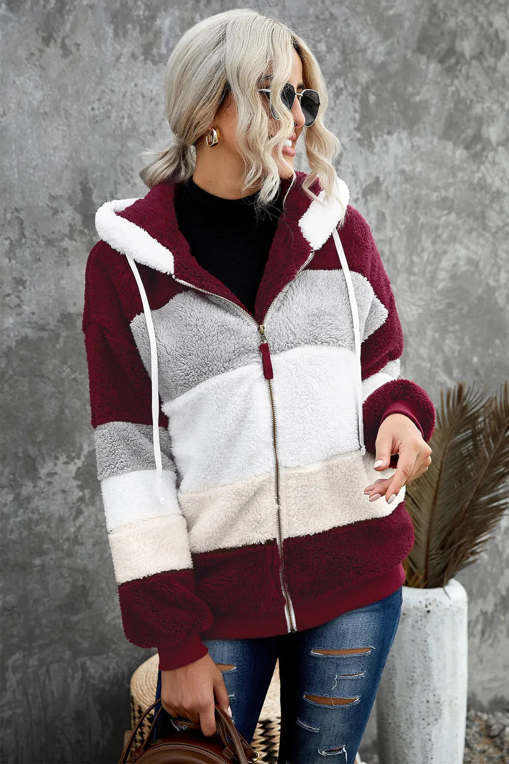 Wine Red Colorblock Zip Up Oversized Sherpa Jacket With Hood