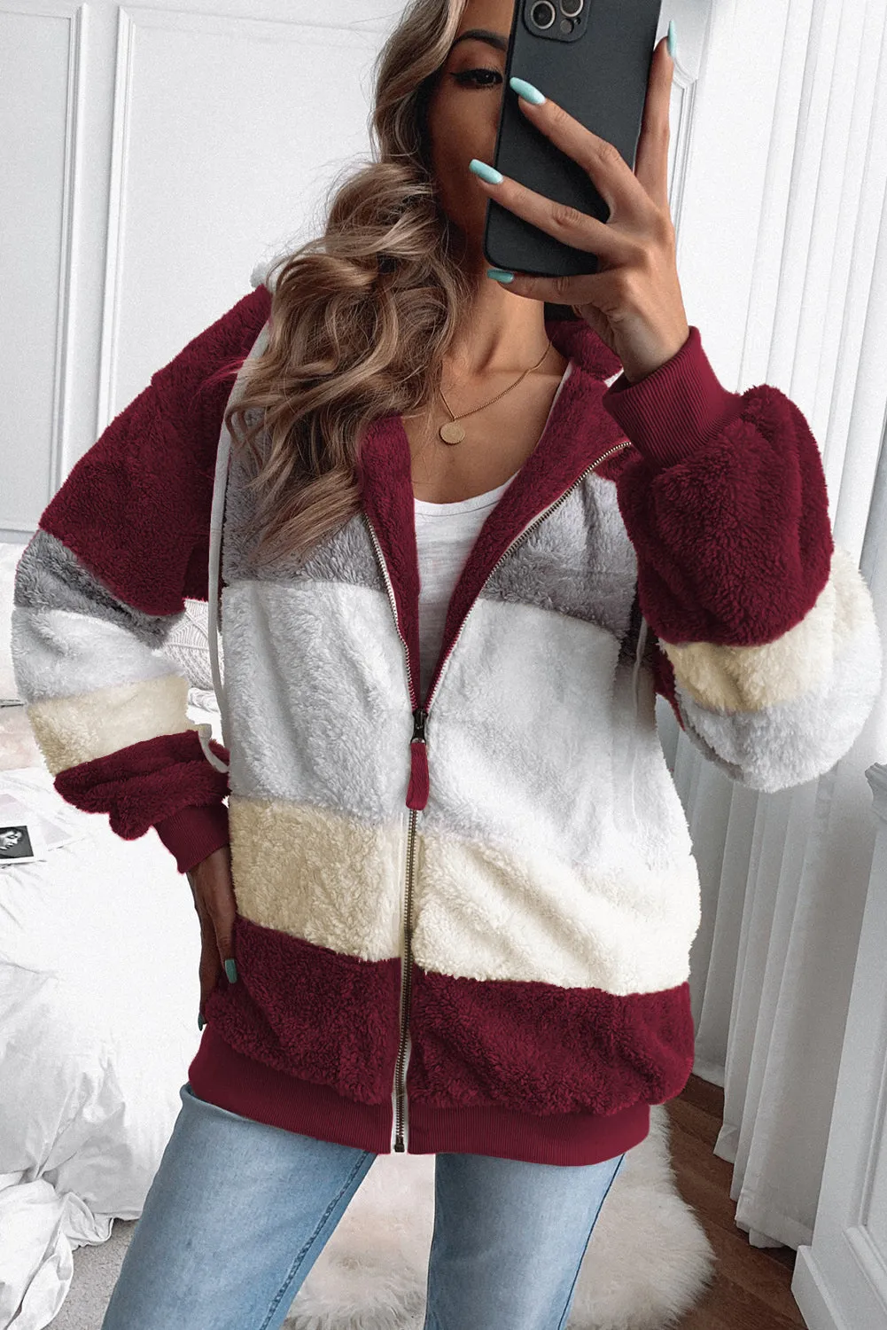 Wine Red Colorblock Zip Up Oversized Sherpa Jacket With Hood