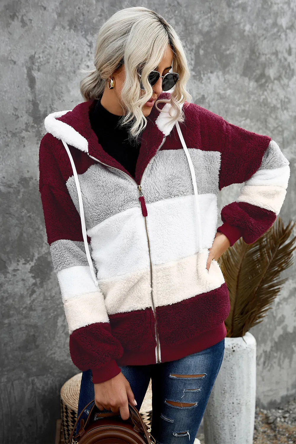 Wine Red Colorblock Zip Up Oversized Sherpa Jacket With Hood