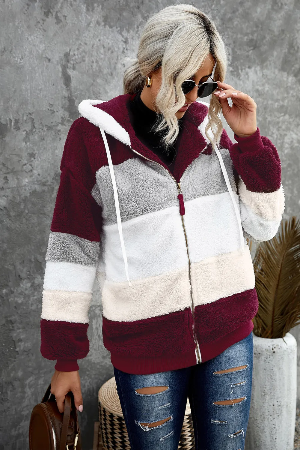 Wine Red Colorblock Zip Up Oversized Sherpa Jacket With Hood