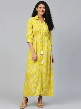 Women Limegreen Conversational Printed Shirt Collar Viscose Rayon A-Line Dress