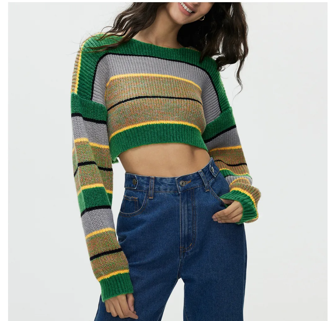 Women Pullover Sweater Autumn Winter Sexy Striped Loose Multicolor Knitted Cropped Sweater Coat Women