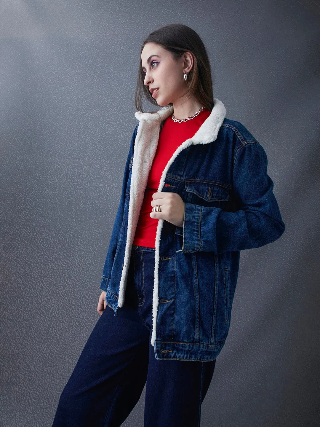 Women Relax Fit Sherpa Trimmed Denim Jacket