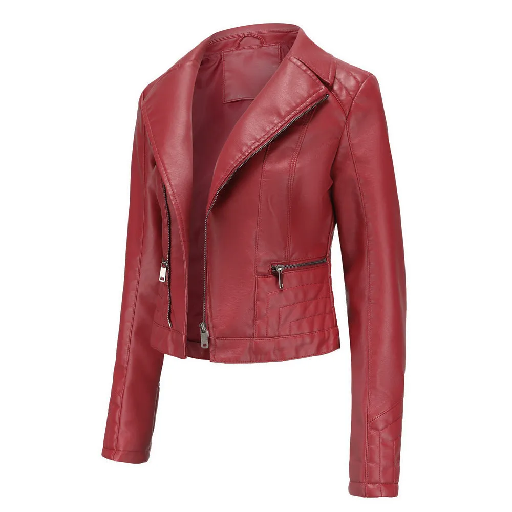 Womens Fashion Lapel Spring And Autumn Washed PU Leather Jacket