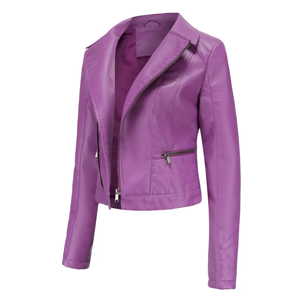 Womens Fashion Lapel Spring And Autumn Washed PU Leather Jacket