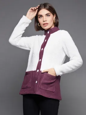 Women'S Off White & Dark Mauve Mandarin Collar Full-Sleeve Colourblocked Tailored Knee-Long Polyester Jacket