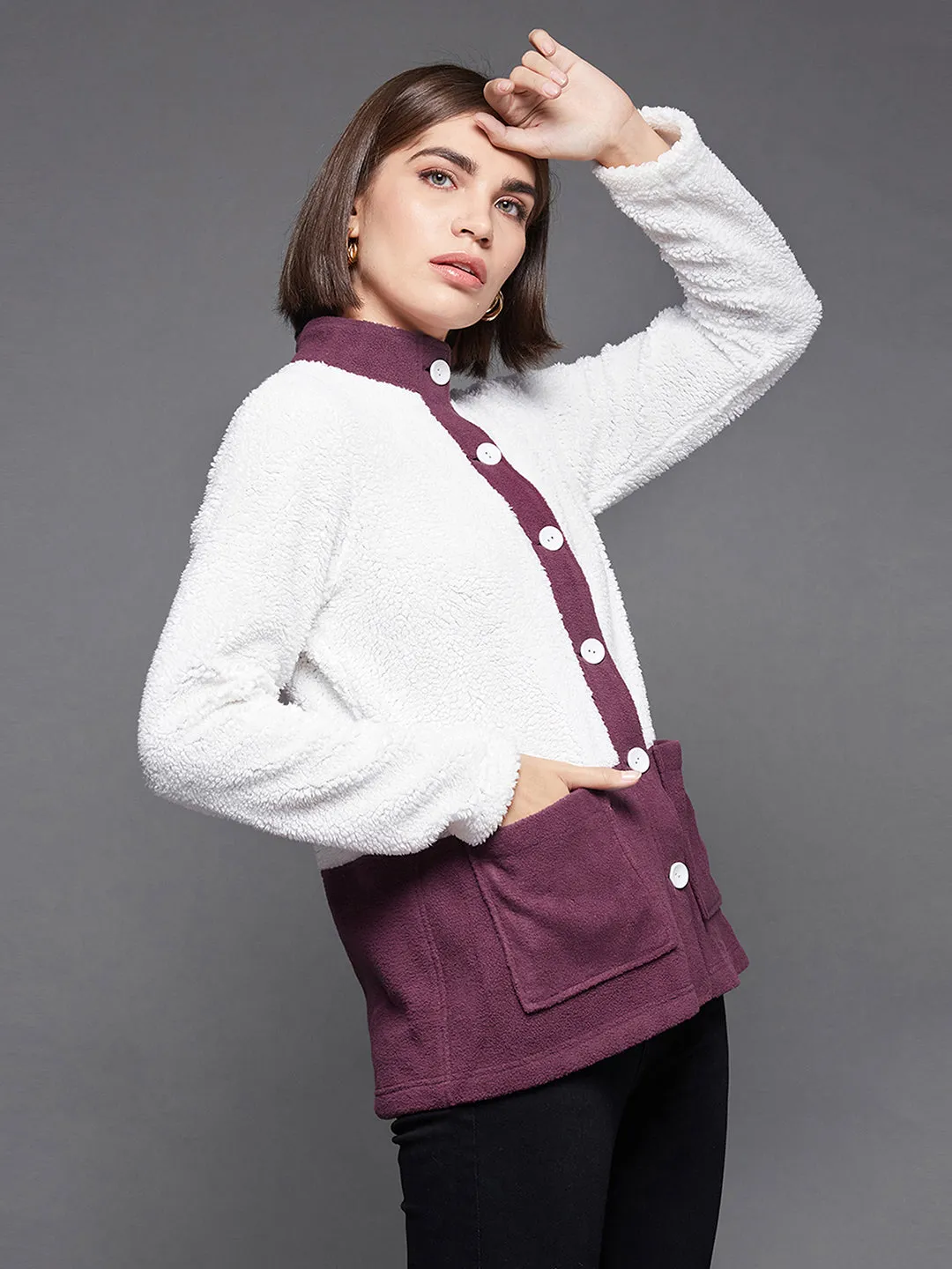 Women'S Off White & Dark Mauve Mandarin Collar Full-Sleeve Colourblocked Tailored Knee-Long Polyester Jacket