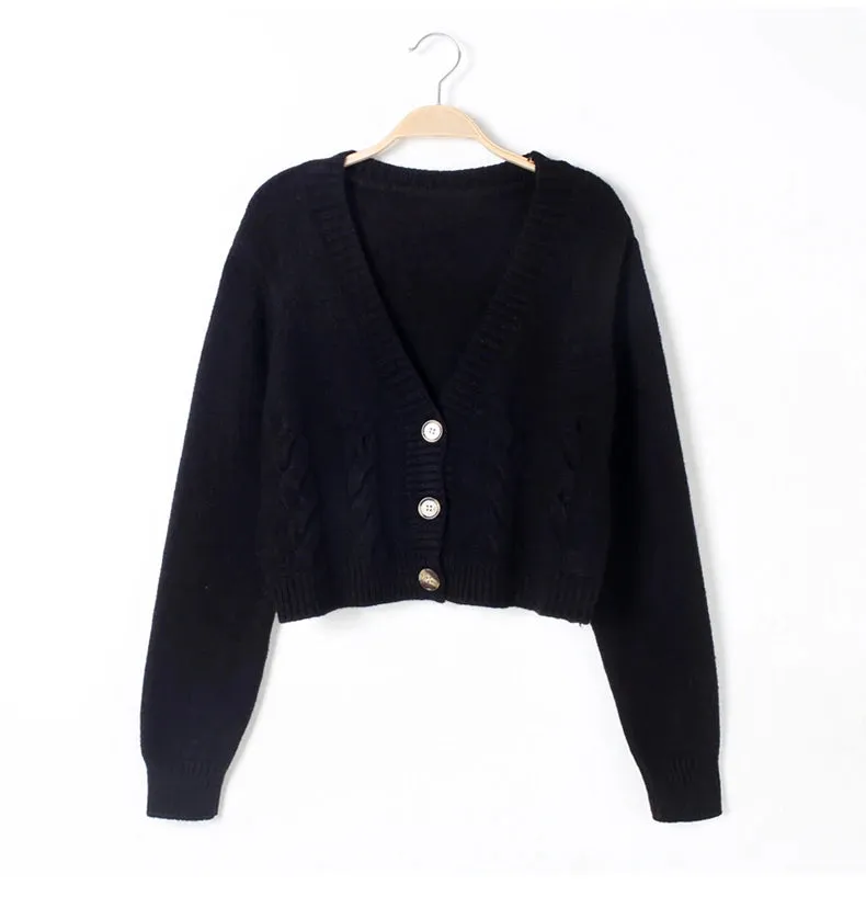 Womens V Neck Cropped Long Sleeve Twist Knitted Cardigan Sweater