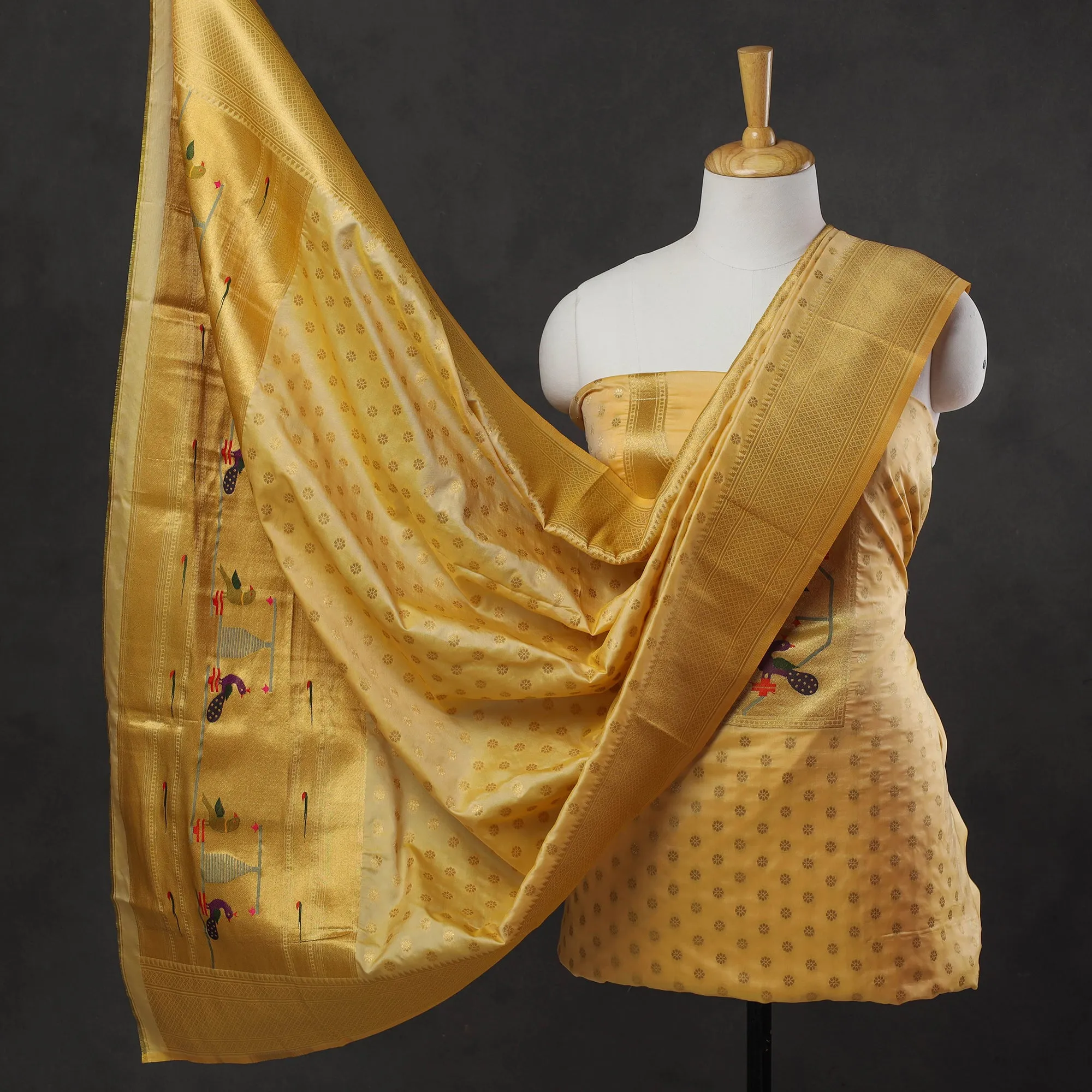 Yellow - 2pc Paithani Weave Silk Suit Material Set 02