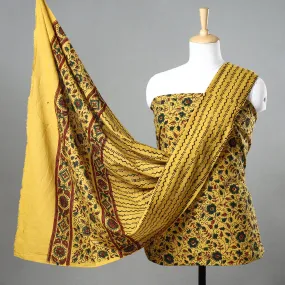 Yellow - 3pc Ajrakh Block Printed Natural Dyed Cotton Suit Material Set 07