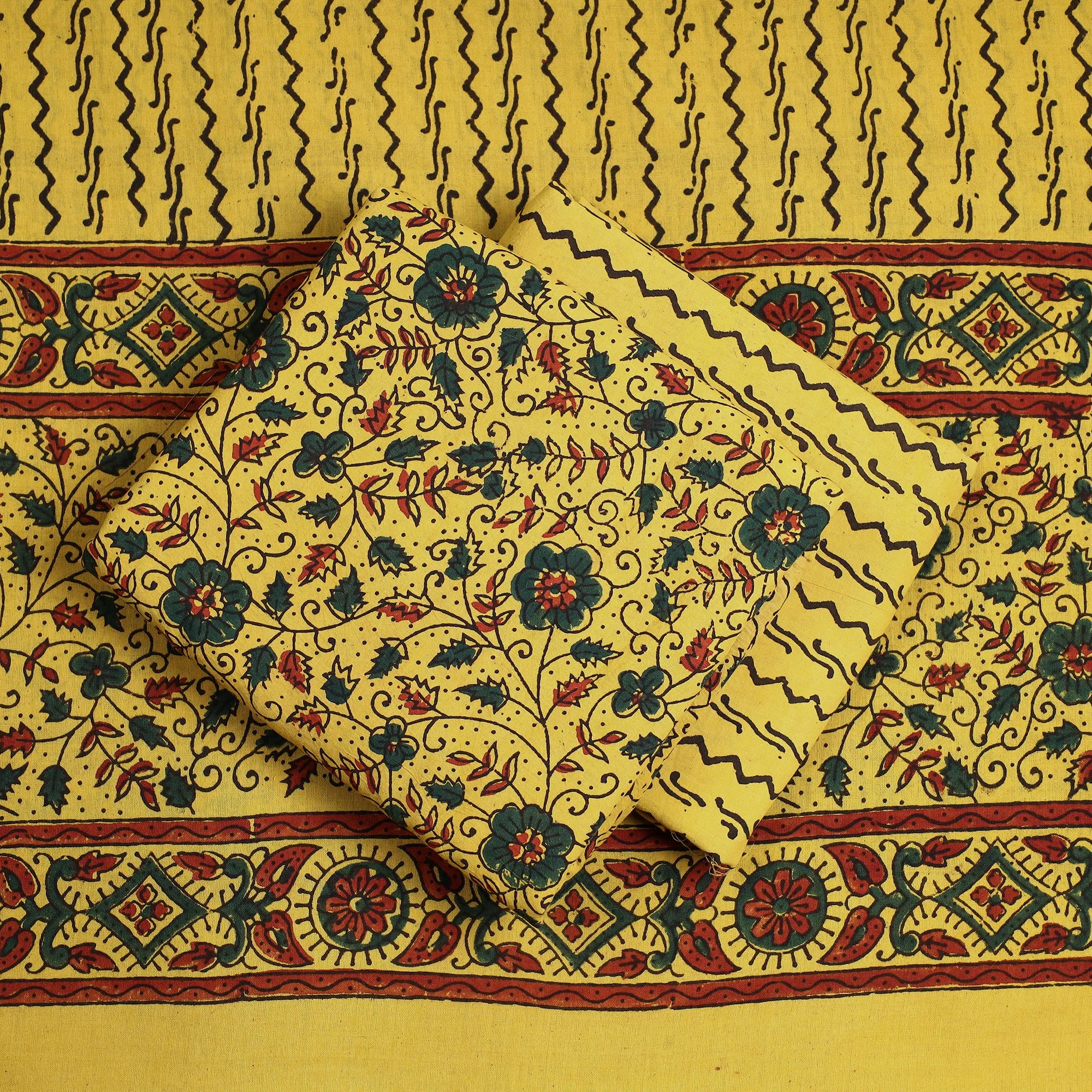 Yellow - 3pc Ajrakh Block Printed Natural Dyed Cotton Suit Material Set 07