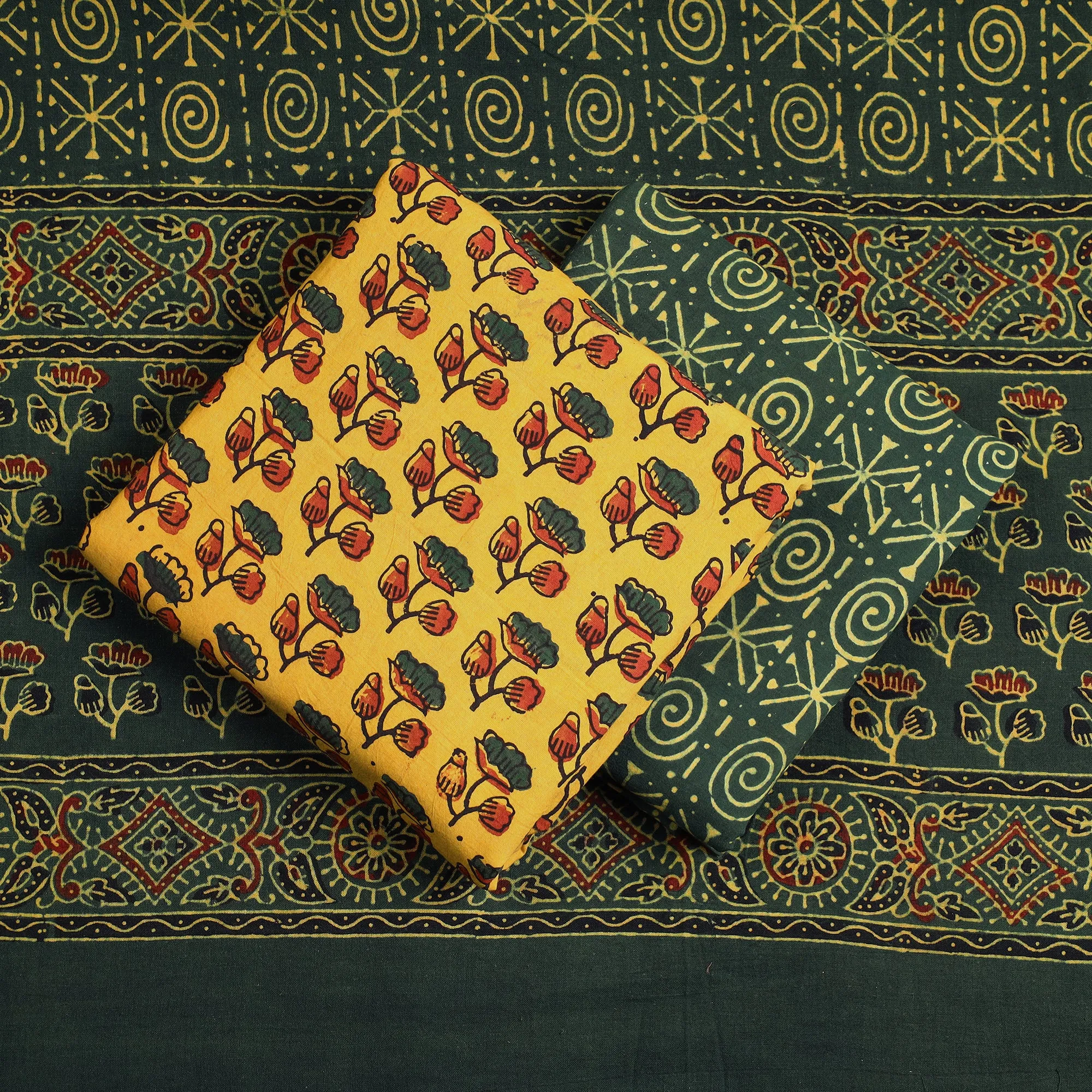 Yellow - 3pc Ajrakh Block Printed Natural Dyed Cotton Suit Material Set 13