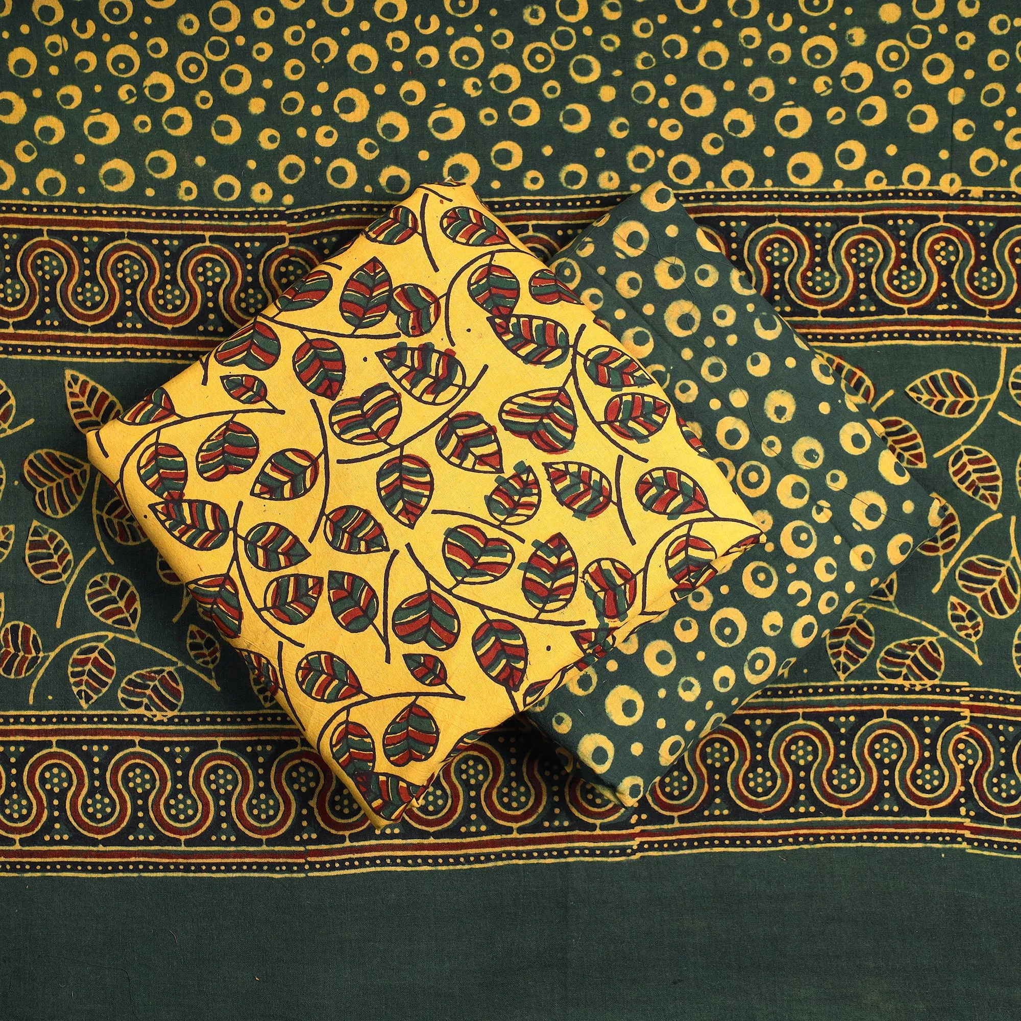 Yellow - 3pc Ajrakh Block Printed Natural Dyed Cotton Suit Material Set 26