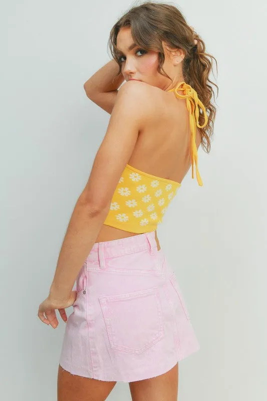 Yellow Daisy Print Sweater Halter Crop Top