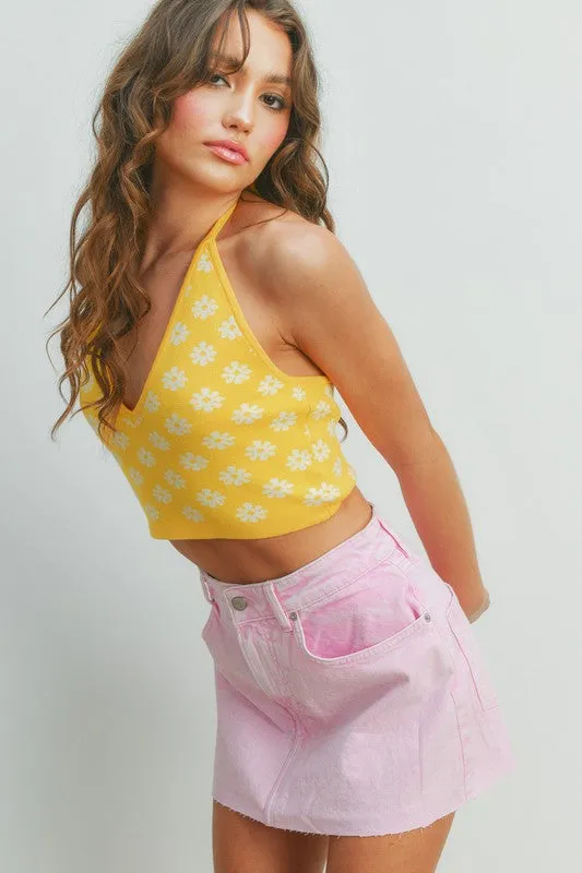 Yellow Daisy Print Sweater Halter Crop Top